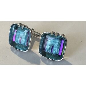 Vintage Swank Cufflinks Arc De Triomphe Aqua Blue Silver-tone SET